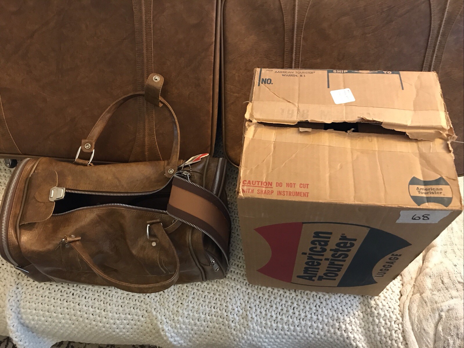 Vtg American Tourister 4 Piece Luggage Set Mustang Brown Soft Keys Boxes Nice