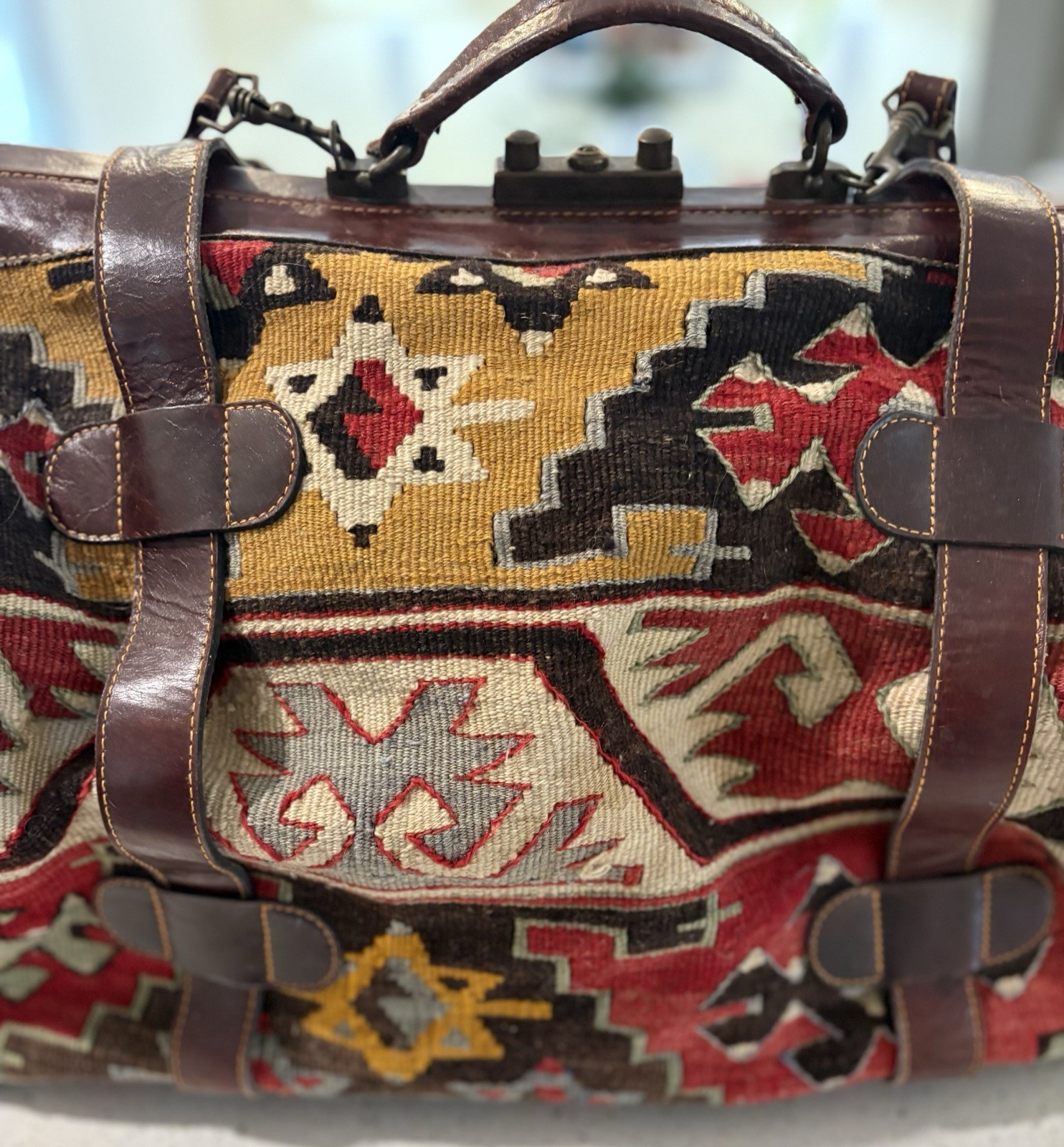 Vintage Leather & Kilim Carry On Travel Weekender Luggage Carpet Bag Overnight