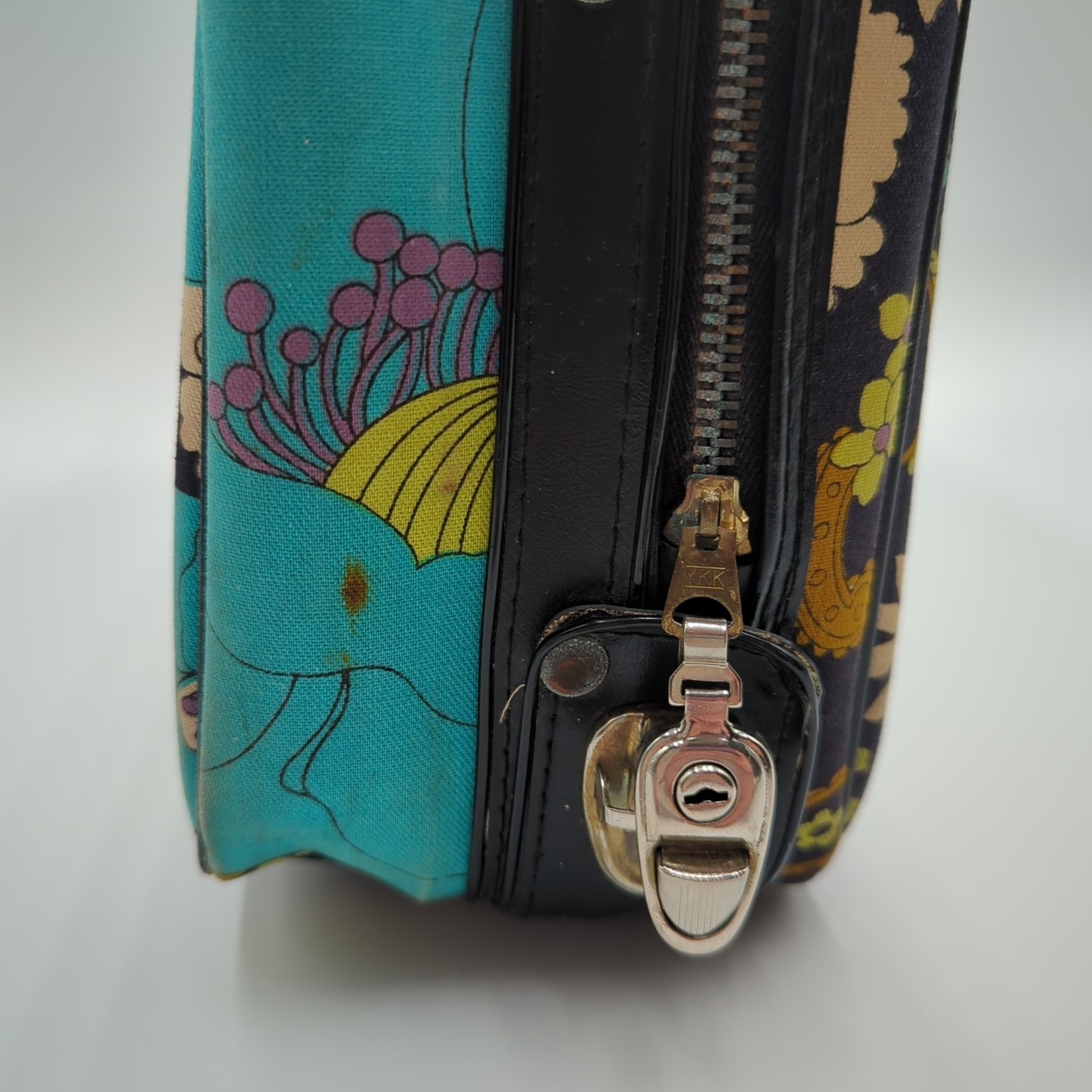 Vintage 60s 70s Flower Power Luggage Suitcase Boho Hippie Green and Blue Teal