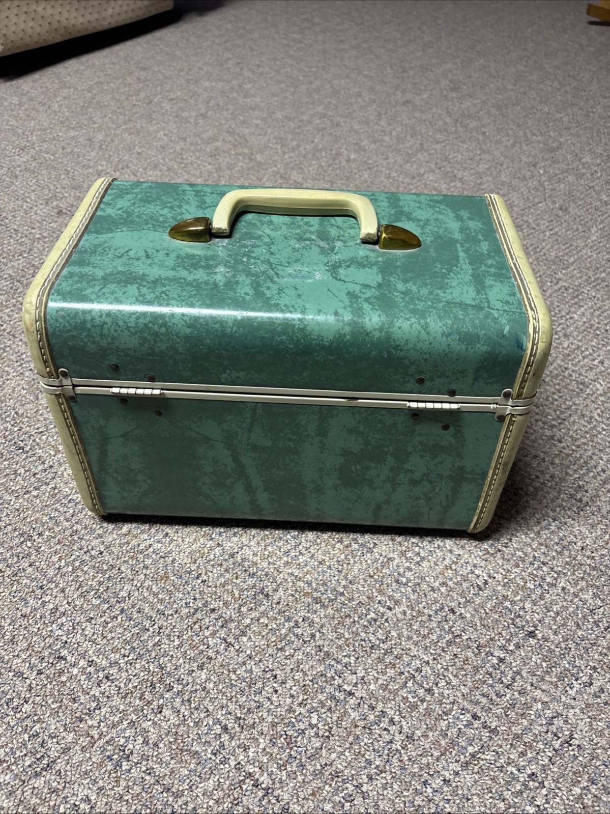 Vtg Samsonite Luggage Cosmetic Carry Case #5112 Marbled Green Ivory Trim W/ Key