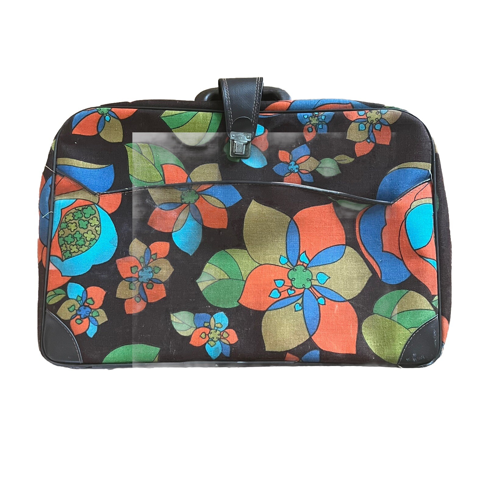 Vintage Retro Japan Brown Floral SuitCase Mod Travel Bag Luggage 18”X 12”X 4”