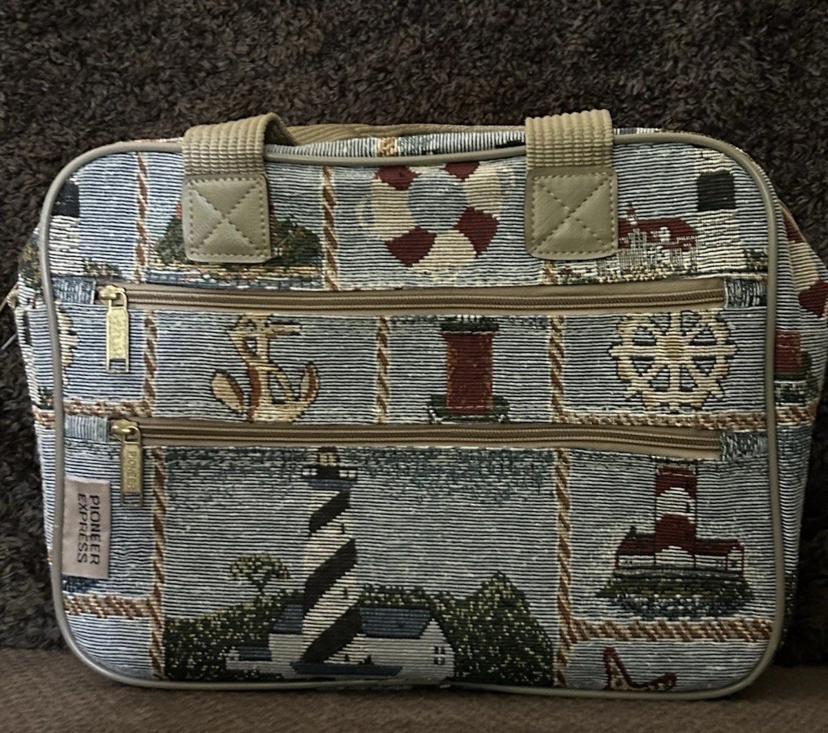 Vtg Pioneer Express Overnight Travel Bag Canvas Nautical Print Lightweight EUC