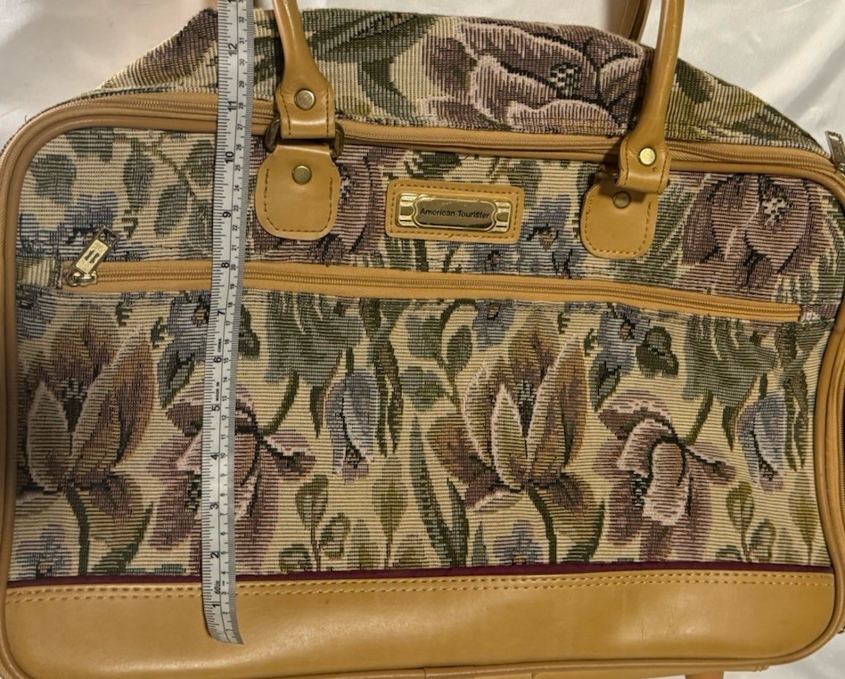 Vintage Floral Tapestry Travel Bag Canvas & Faux Leather Beige