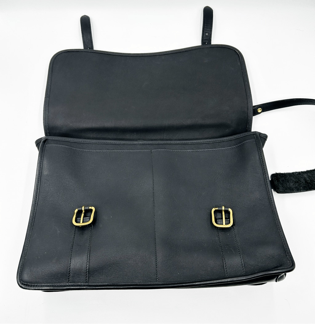 Jack Georges Black Leather Brass Vintage Briefcase Satchel Messenger Bag
