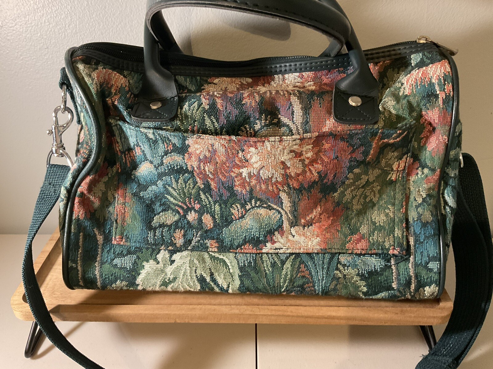 Vintage 1980’s Atlantic Luggage Bag Floral Green Tapestry Carry-On