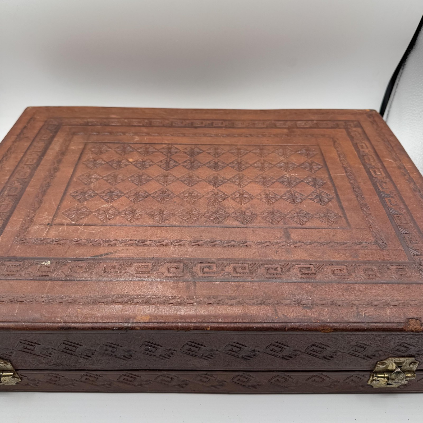 Vintage Tooled Leather Briefcase Aztec Calendar Design Large 18 Inch Suitcase