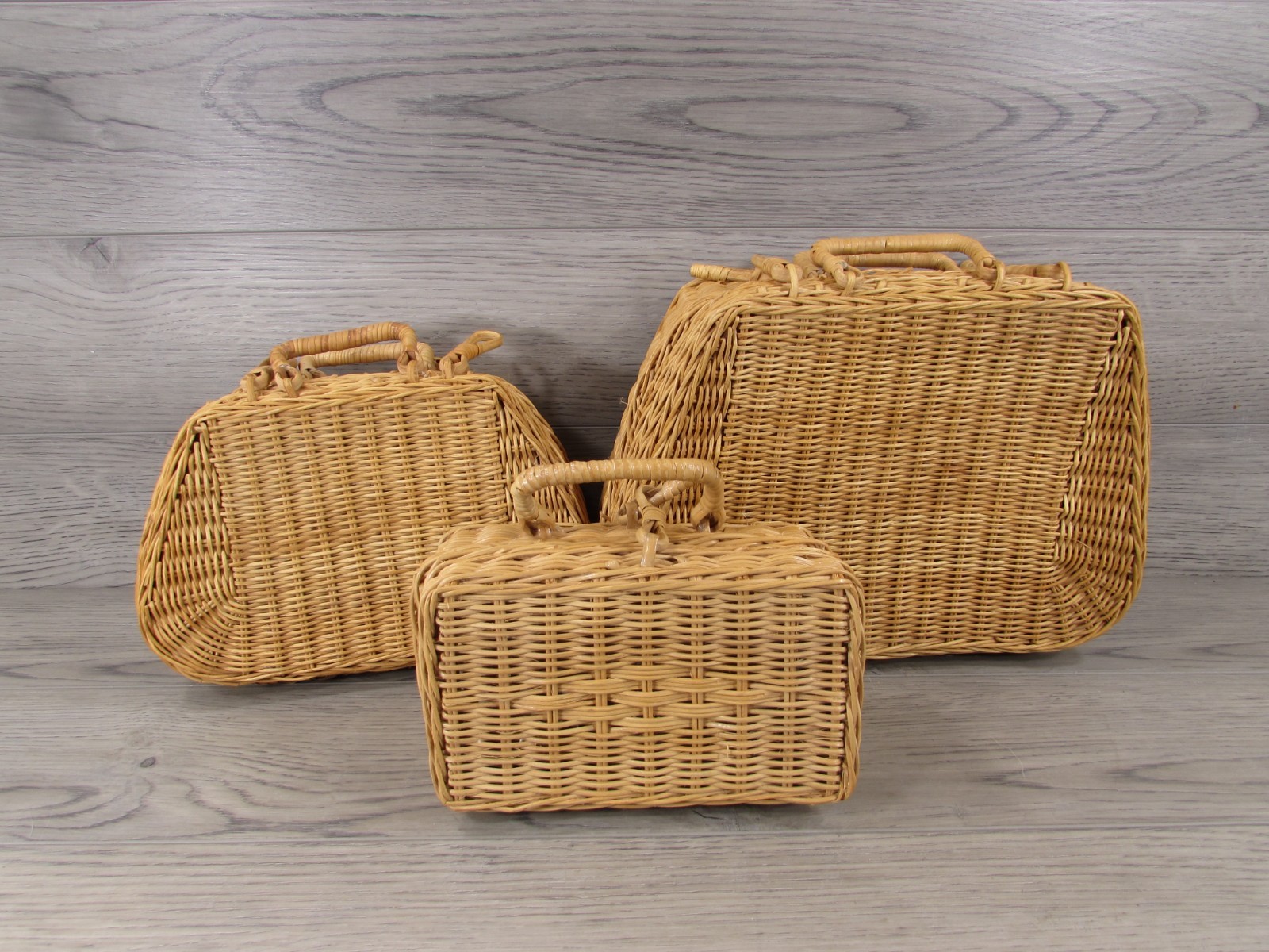 Vintage Woven Rattan Wicker Carrying Cases Suitcases Boho Chic Decor Set of 3