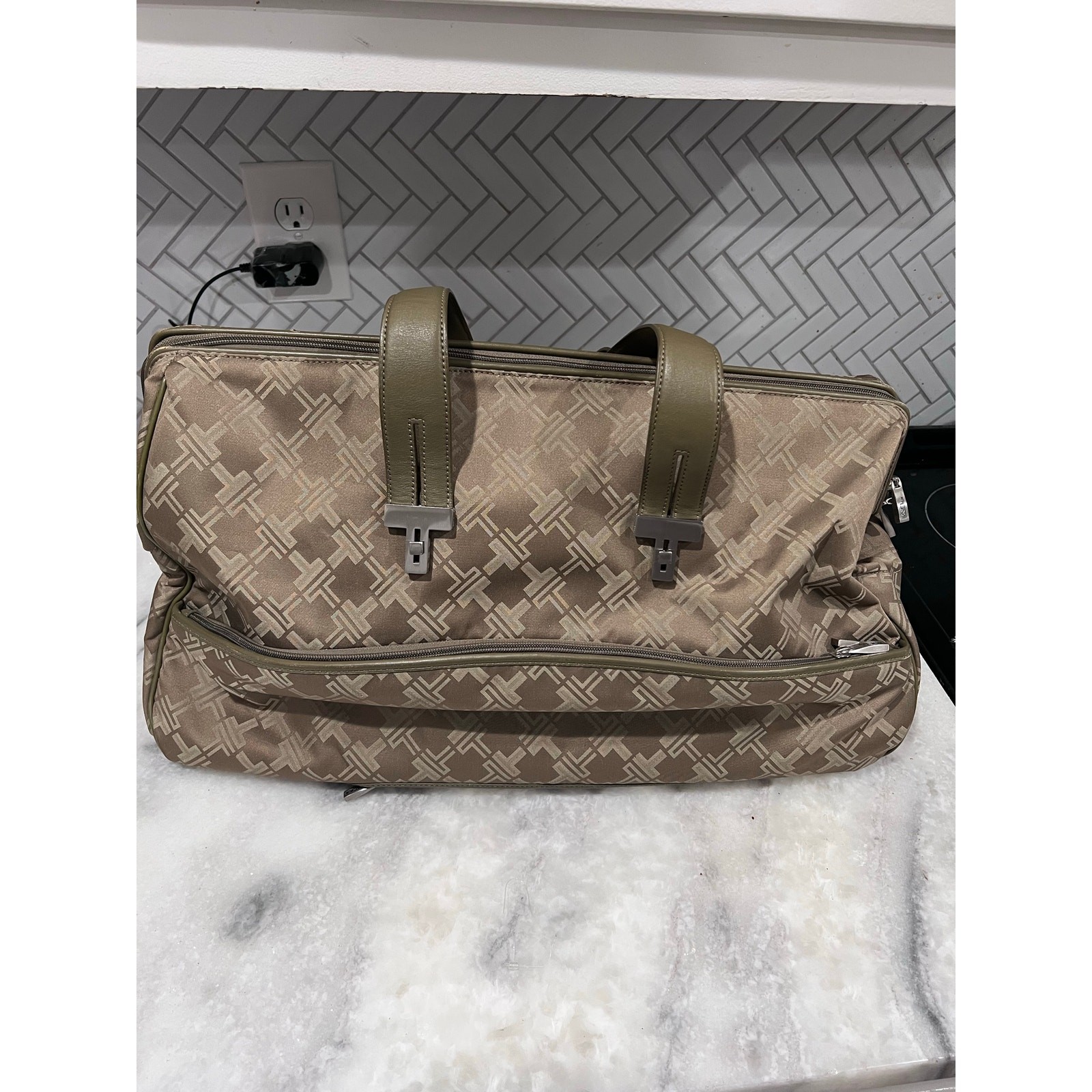 TUMI Signature Collection Logo Duffel #72163CFF Taupe Olive Trim Weekender
