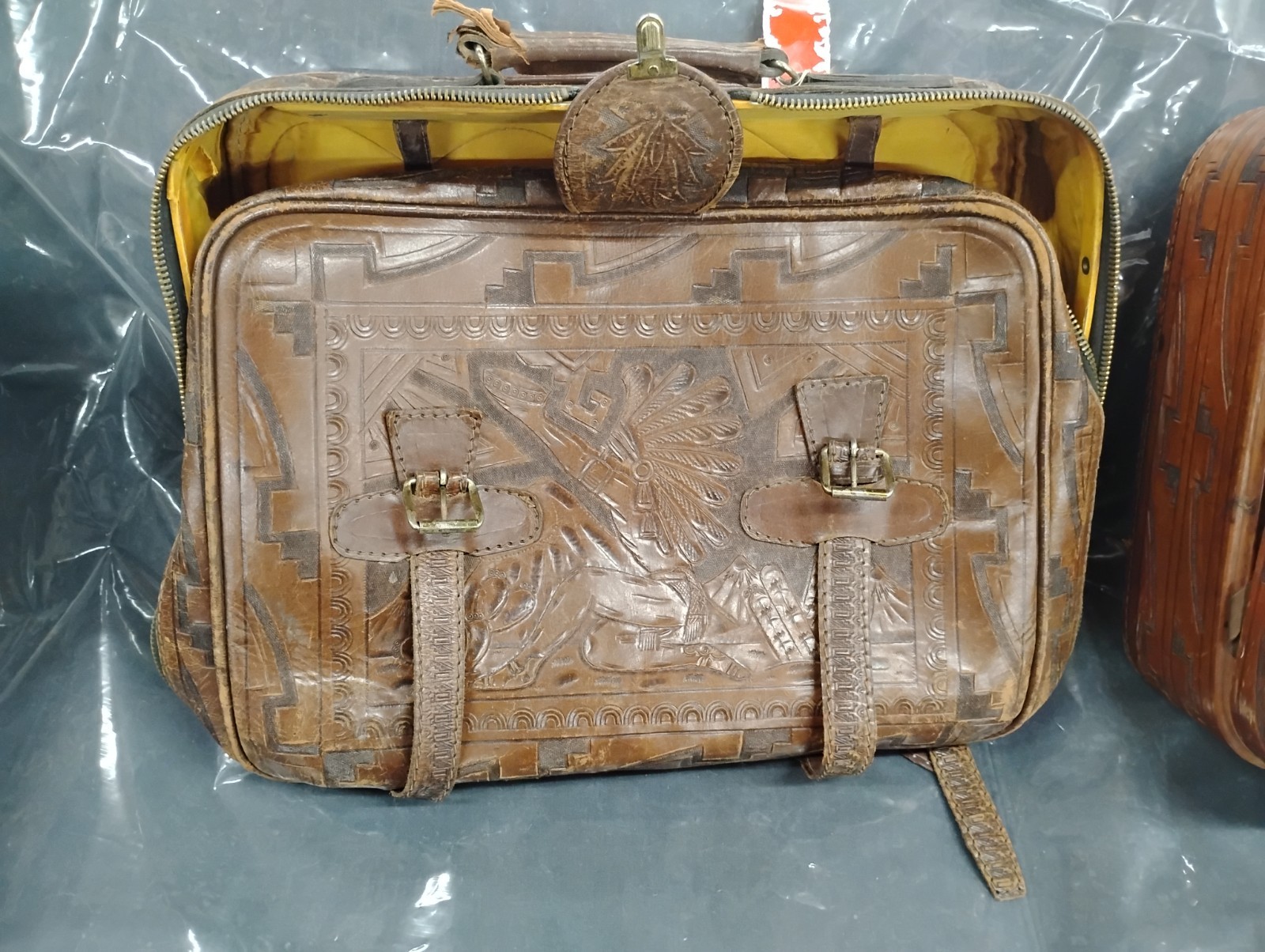 3 Vintage Hand Tooled Brown Leather Suitcases Made in Mexico includes key