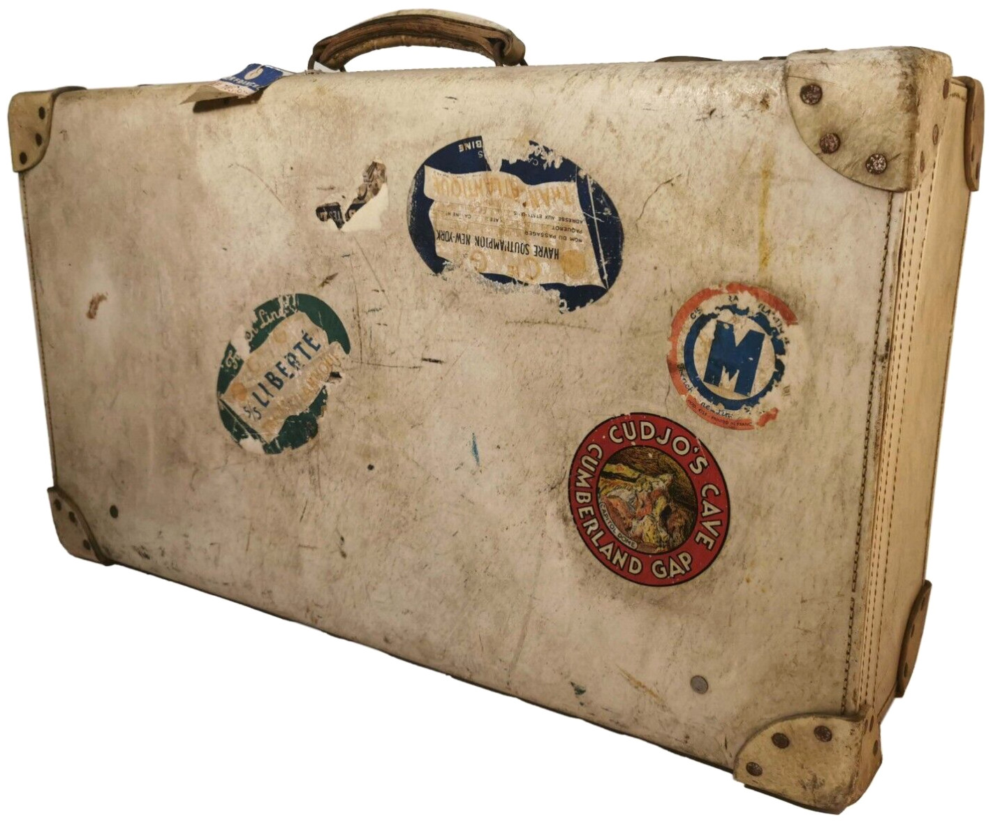 SCARCE 1920’S/30’S ANTIQUE HAND SEWN WHT LEATHER HARD SUITCASE W/TRAVEL STICKERS