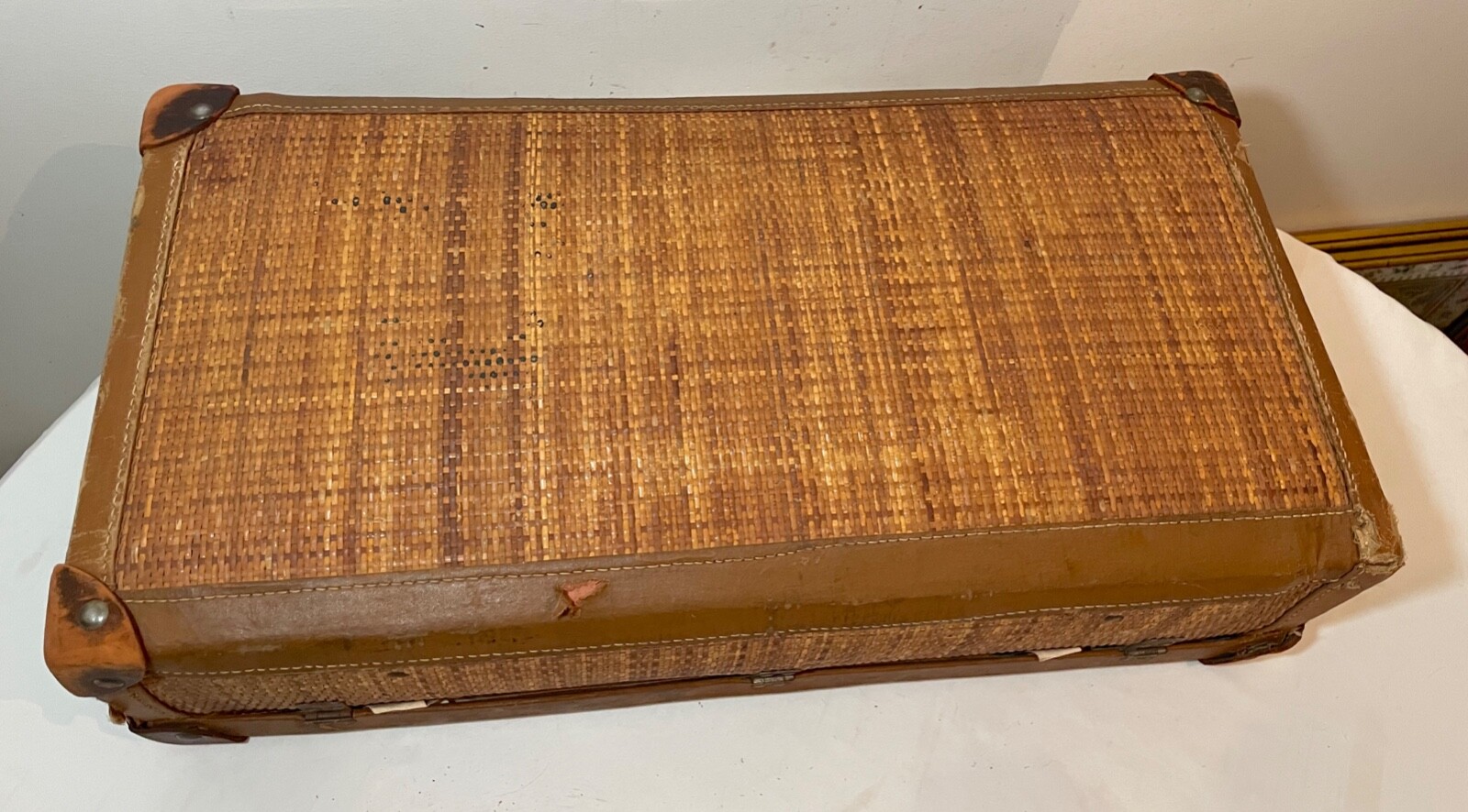 rare antique 19th century handmade woven wicker leather brass travel suitcase
