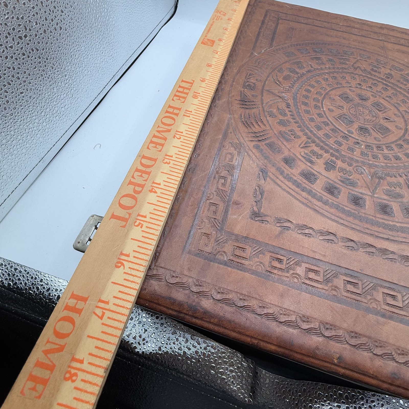 Vintage Tooled Leather Briefcase Aztec Calendar Design Large 18 Inch Suitcase