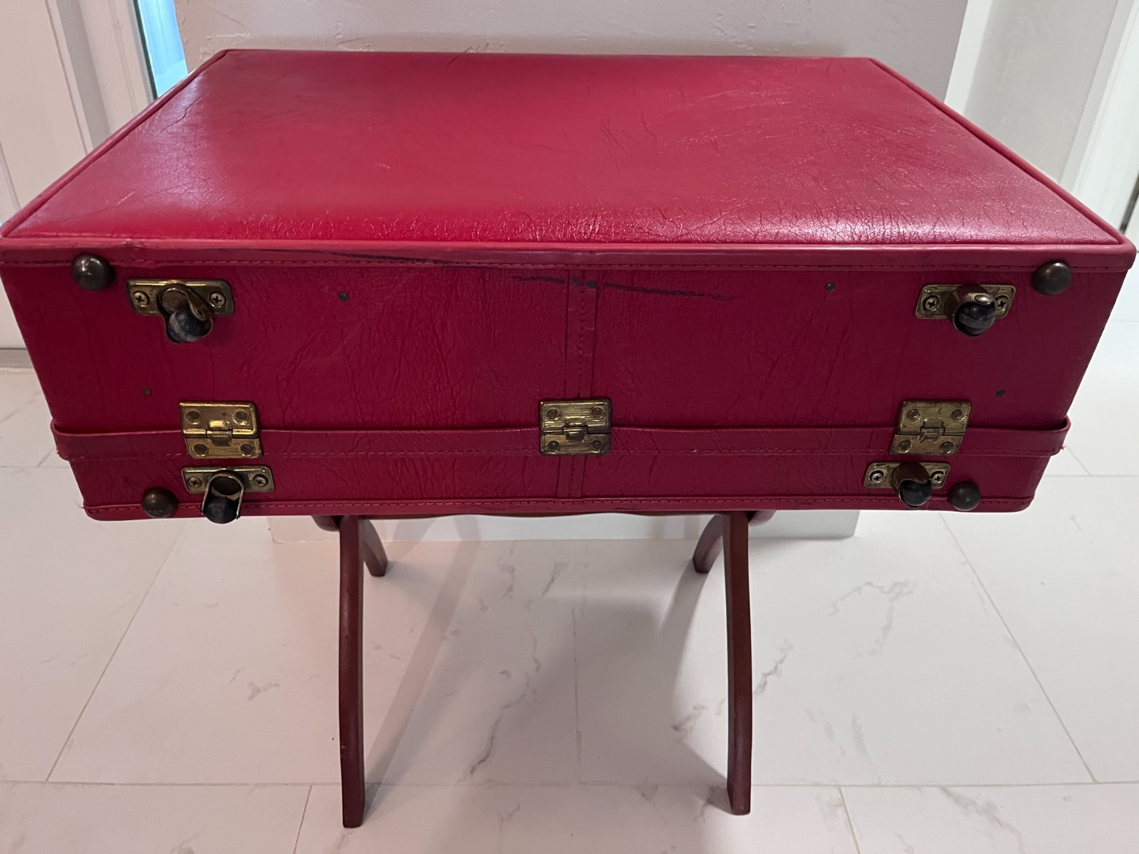 Vintage Hartmann Red Leather Hard Case Suitcase Wood Frame Retro Luggage