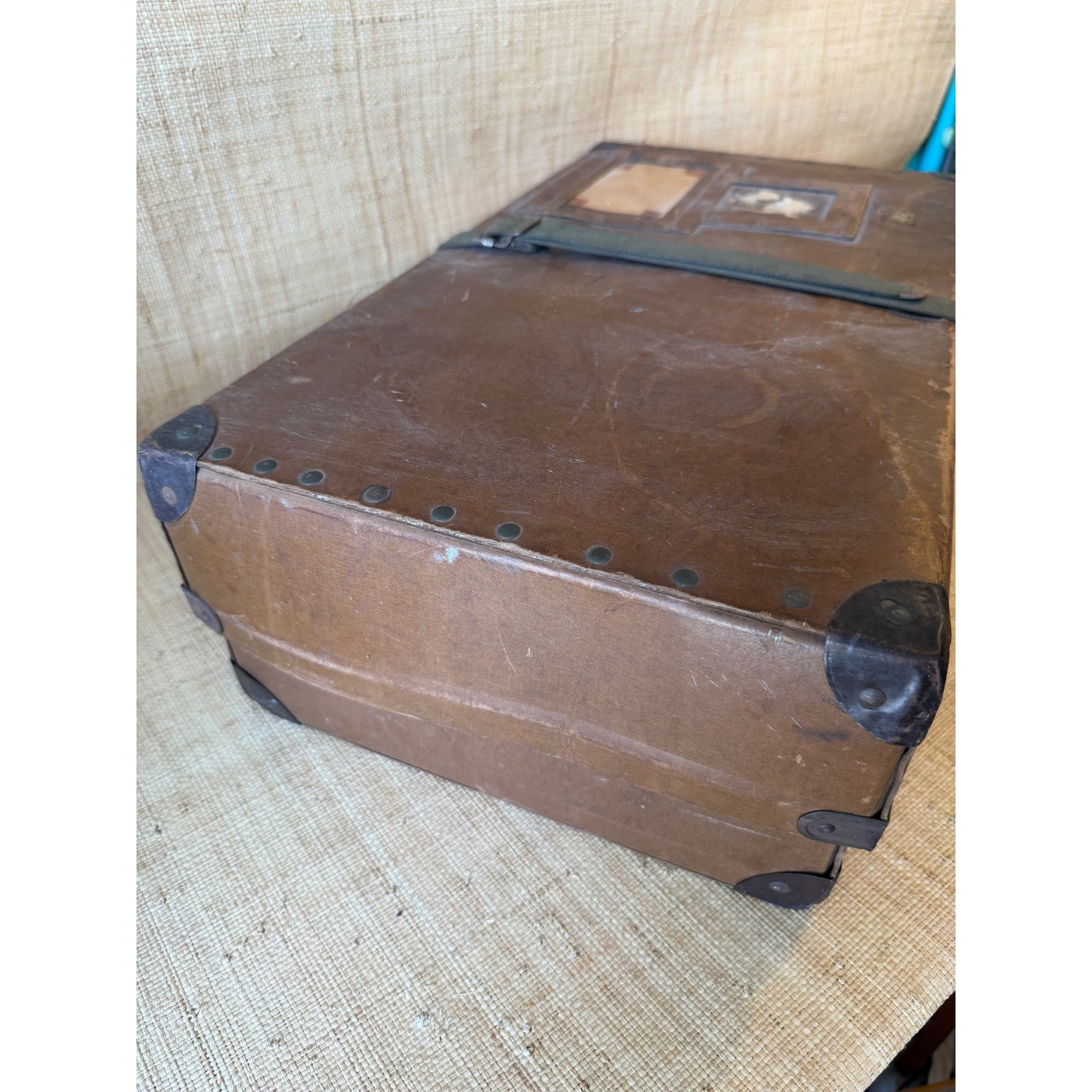 Vintage Fiberboard Shipping Trunk Mailing Case Metal Corners Canvas Strap Brown