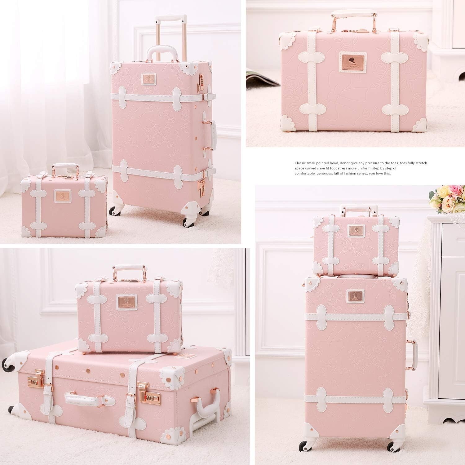 20″ Woman Handmade Faux Leather Suitcase Vintage Luggage Set 12″ Train Case