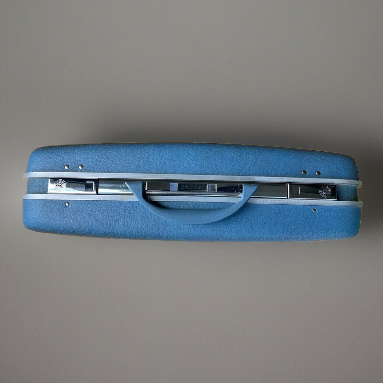 Vintage Mid Century Mainliner Suitcase Blue Hard Shell Carry-On 22”×15” USA
