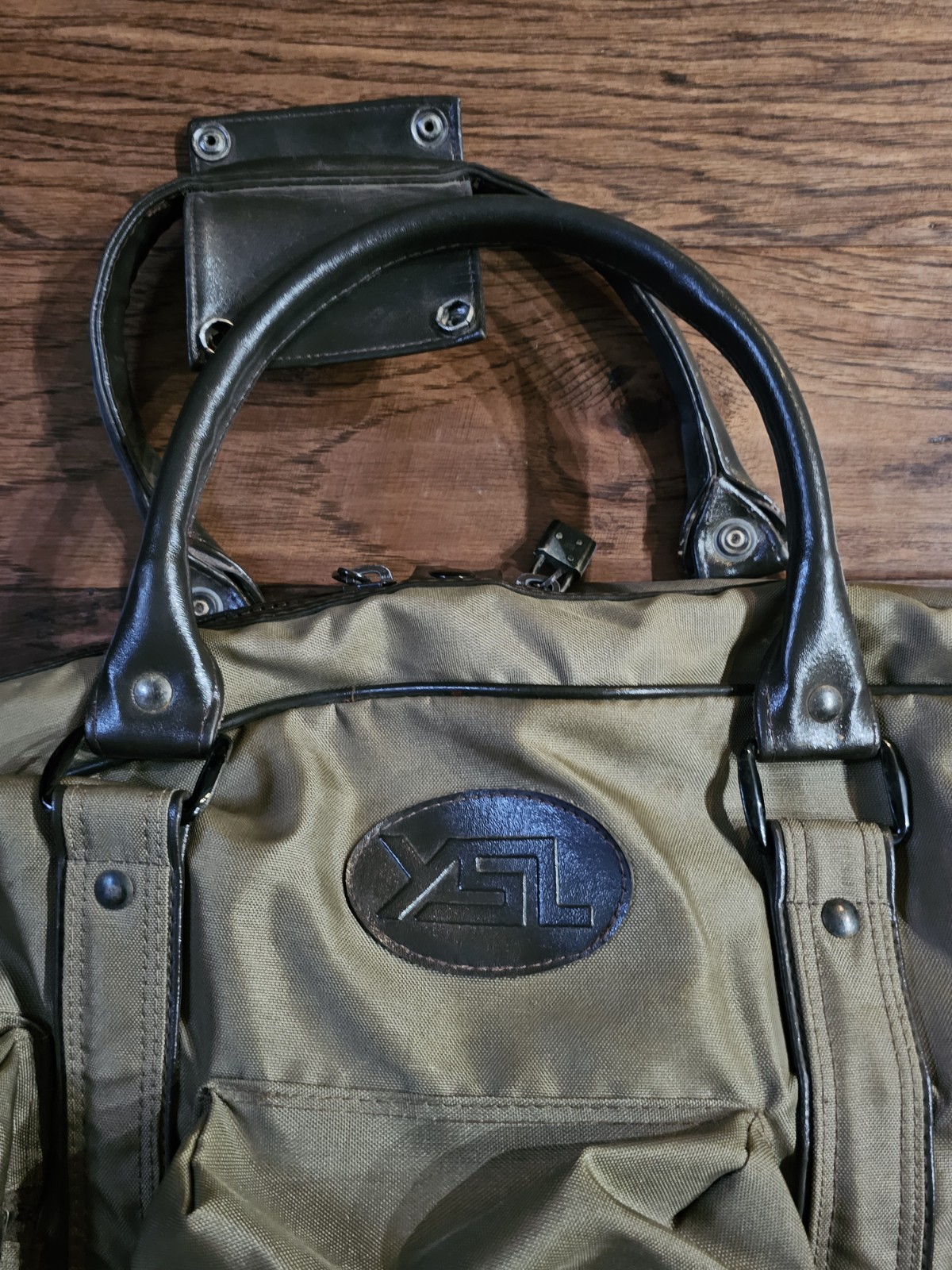 2 pc Yves Saint Laurent YSL Leather Trim Olive Weekender Bag and Garment bag vtg