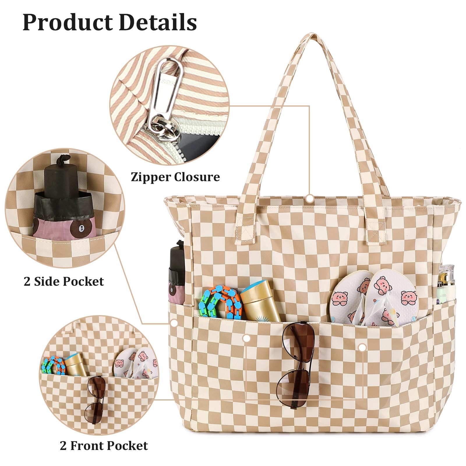 Ledaou Large Beach Tote Bag Women Waterproof Sandproof Zipper Beach Tote Bag