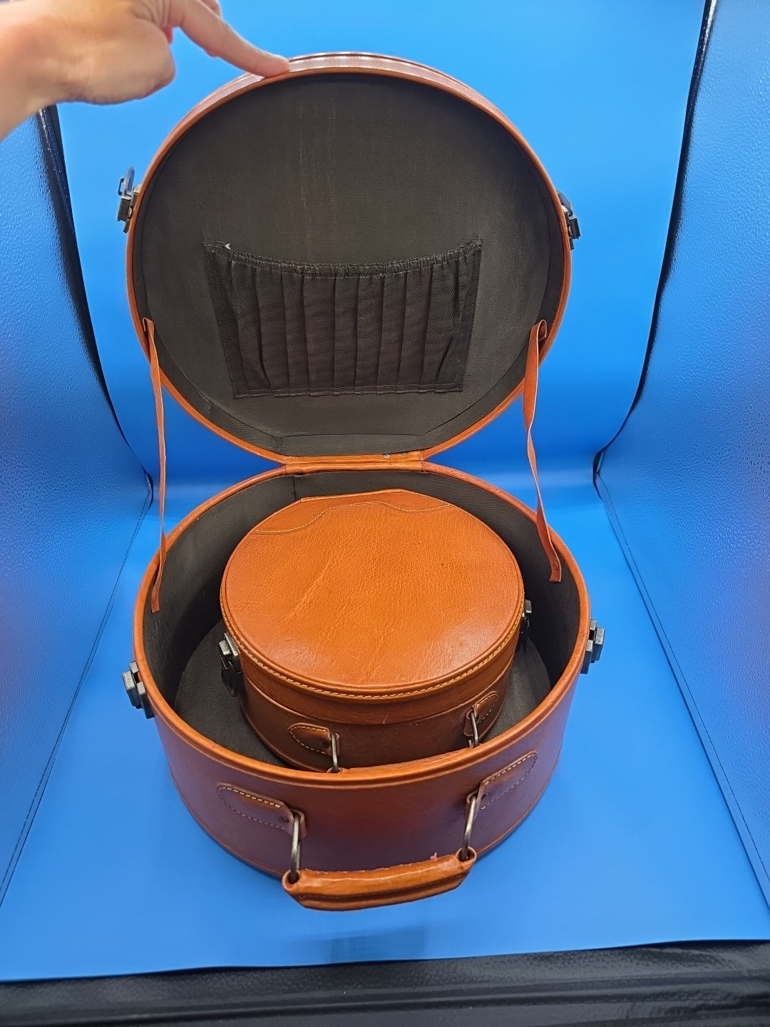 Vintage French Nesting Hat Box Suitcases 1950s Tan Leather Train Cases Set of 2