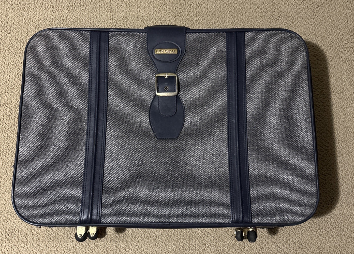 Vtg Fifth Avenue Vintage Luggage Set Blue Tweed Set Of 3 W/ Buckles