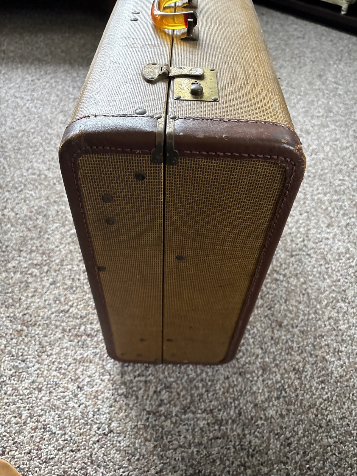 VTG-1940’s-1950’s-tweed Suitcase With Leather Trim-Bakelite Handle