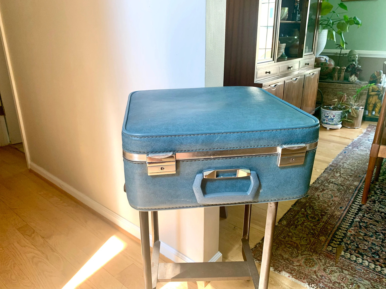 Vtg Square Blue Hardshell Suitcase | Mid Century Skyway Vinyl Travel Case