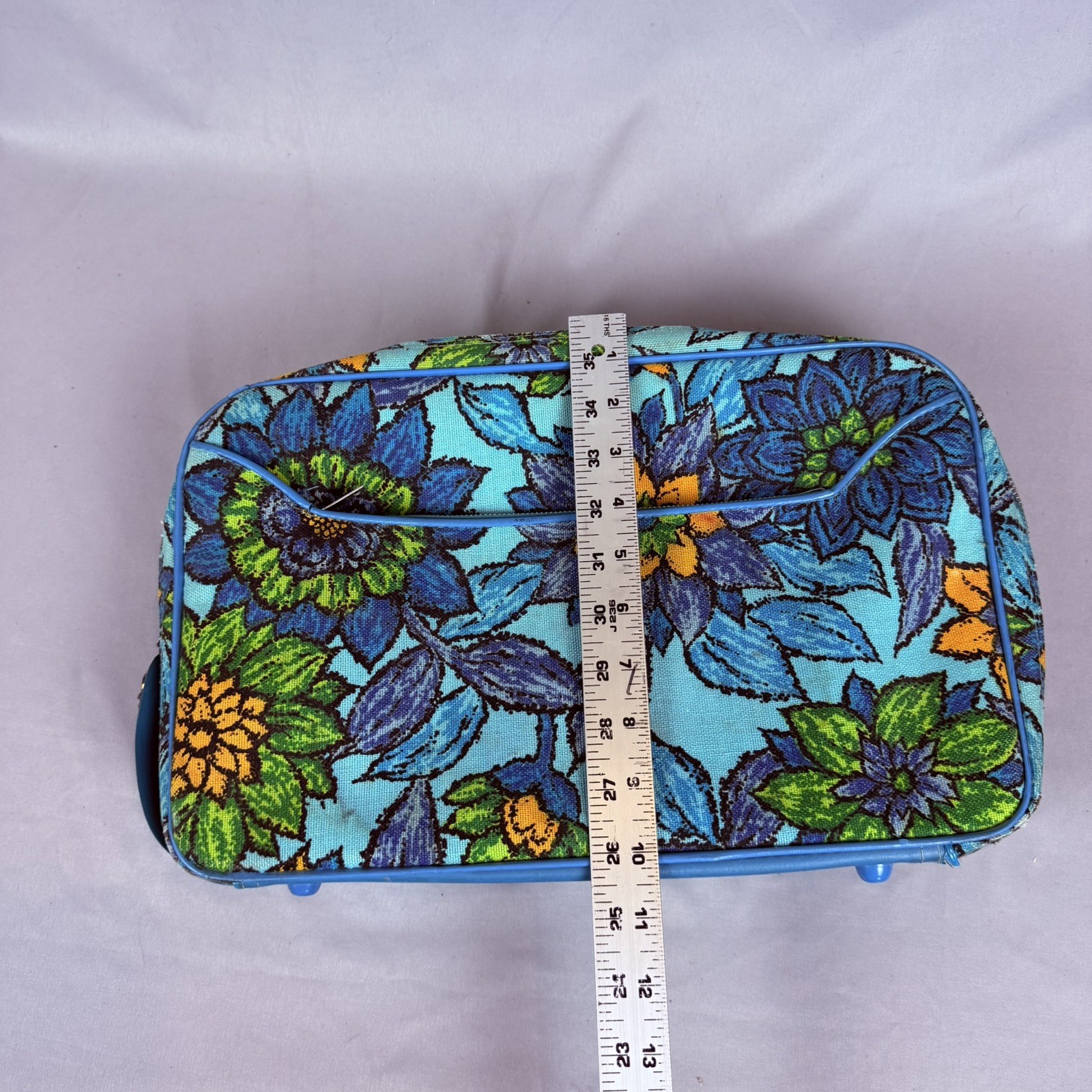 Vintage 1960s Montgomery Ward Stratolite Blue Floral Suitcase Retro MCM Hippie
