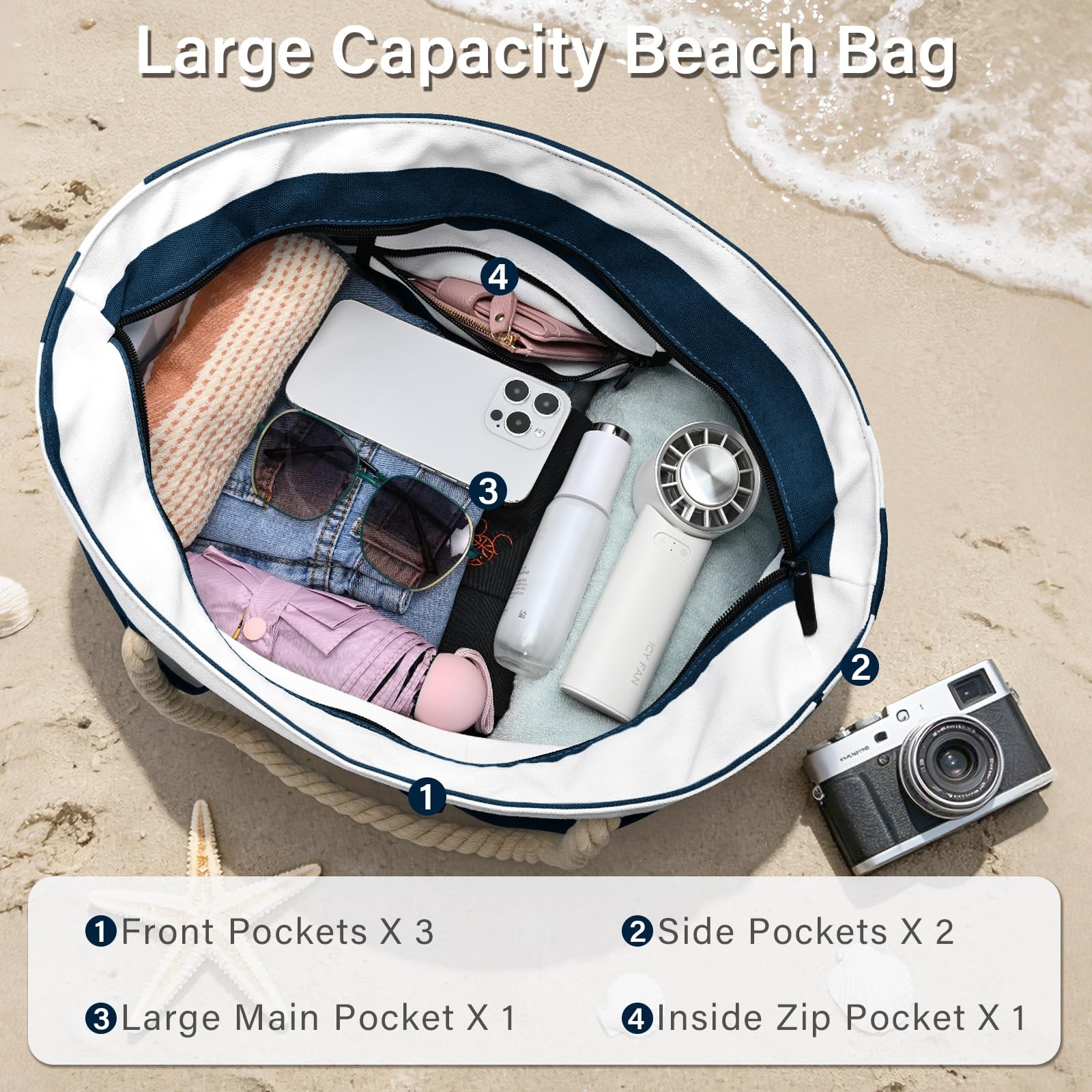 Oscaurt Beach Bags For Women Waterproof Sandproof Large Beach Tote Bag Canvas