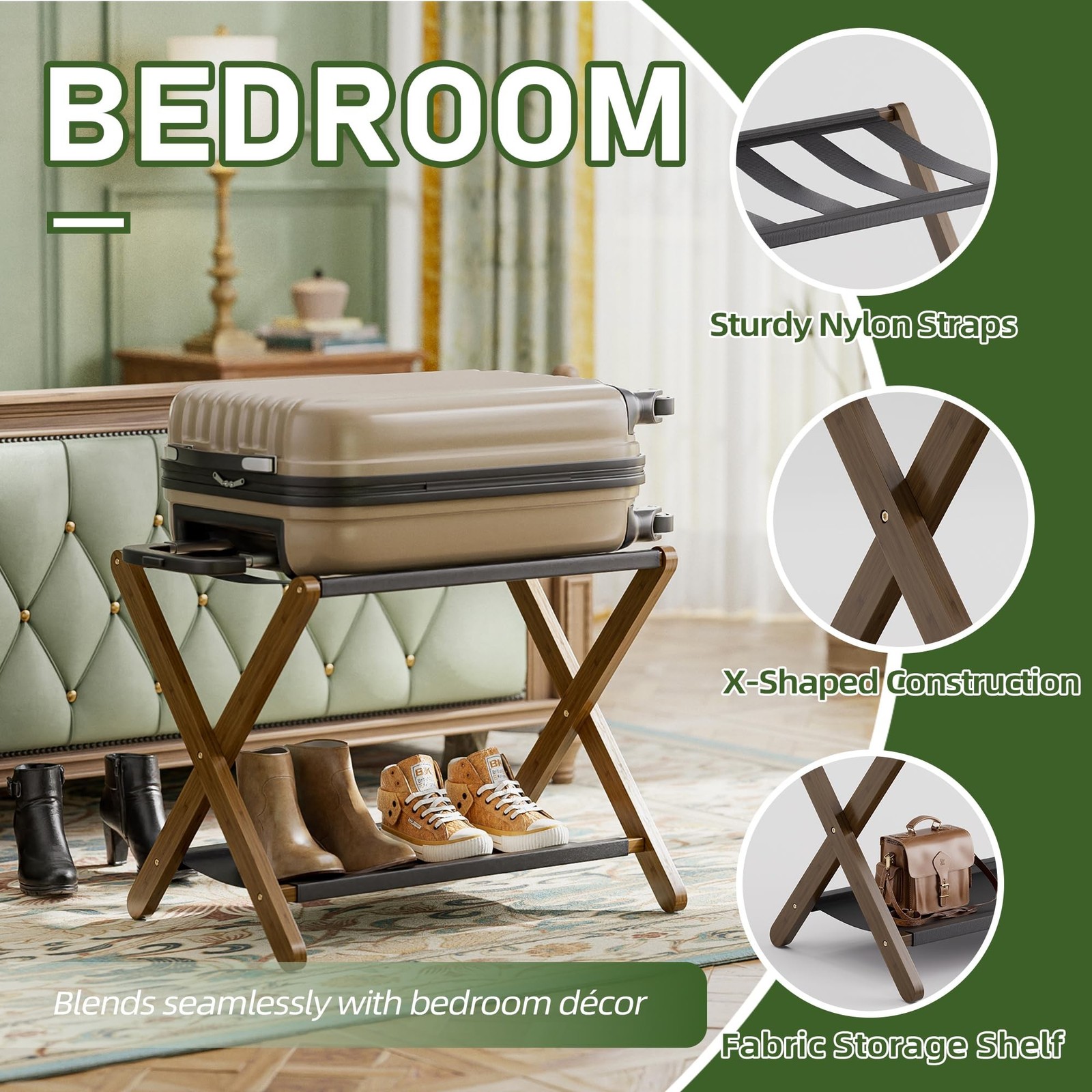 Luggage Rack, Folding Suitcase Stand with Storage Shelf, Premium Bamboo Lugga…
