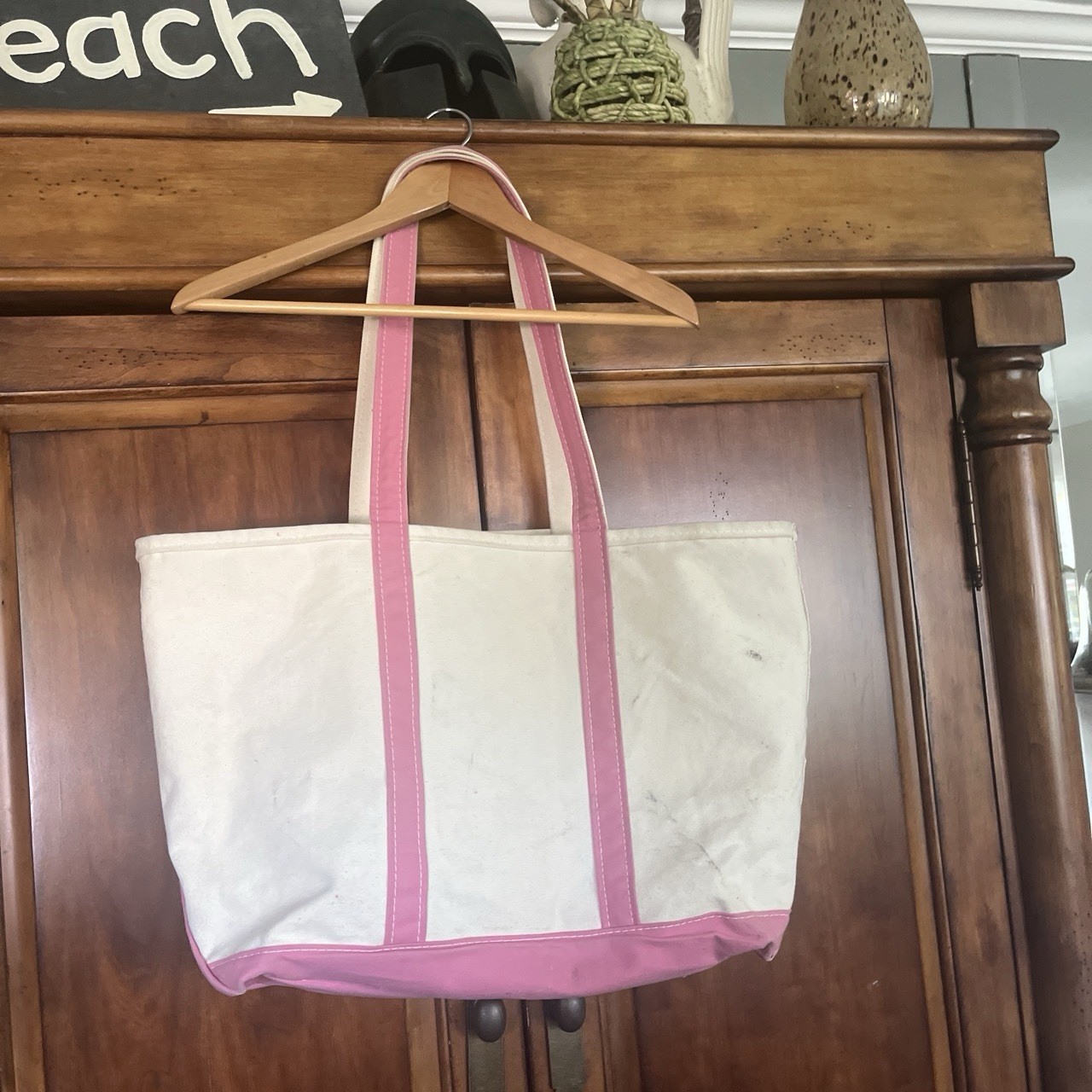 VTG L.L.Bean XL Boat Tote Bag Ivory Canvas Pink Double Handles Open 90s