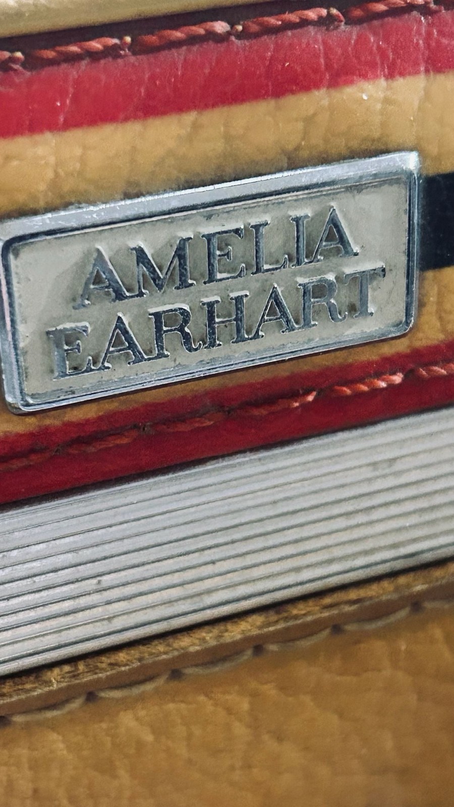 Vintage Amelia Earhart Mustard Yellow Hardside Train Case w/ Red/ Black Stripes