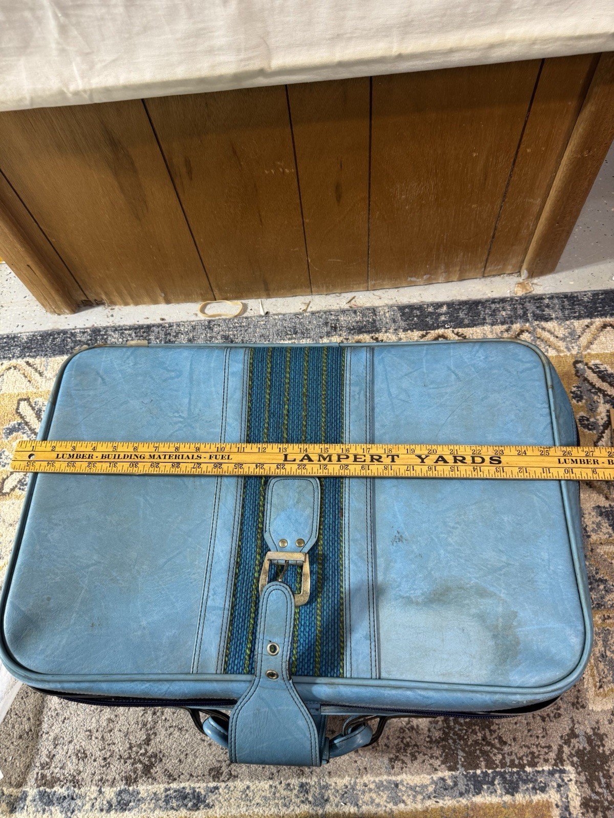 VTG 70s Blue Marbled Suitcase Retro PVC Vinyl Luggage Strap Buckle Taiwan Scuffs