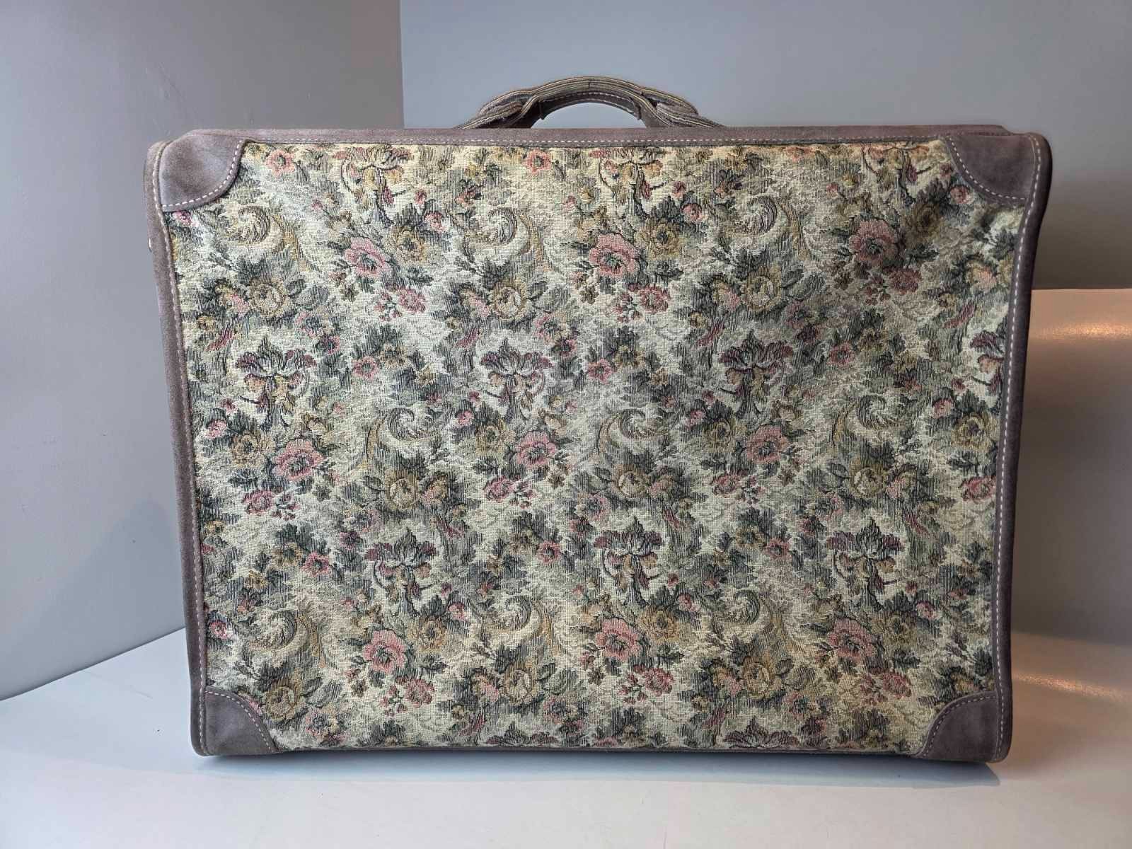 Vintage Suitcase French Luggage Co Gray Floral Rose Tapestry & Suede Leather 23″