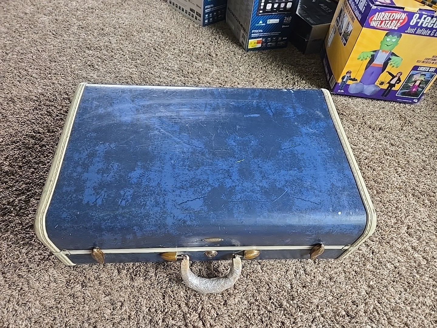 VTG 1950s Samsonite Shwayder Bros Hard Shell Suitcase Blue Marble, No Key