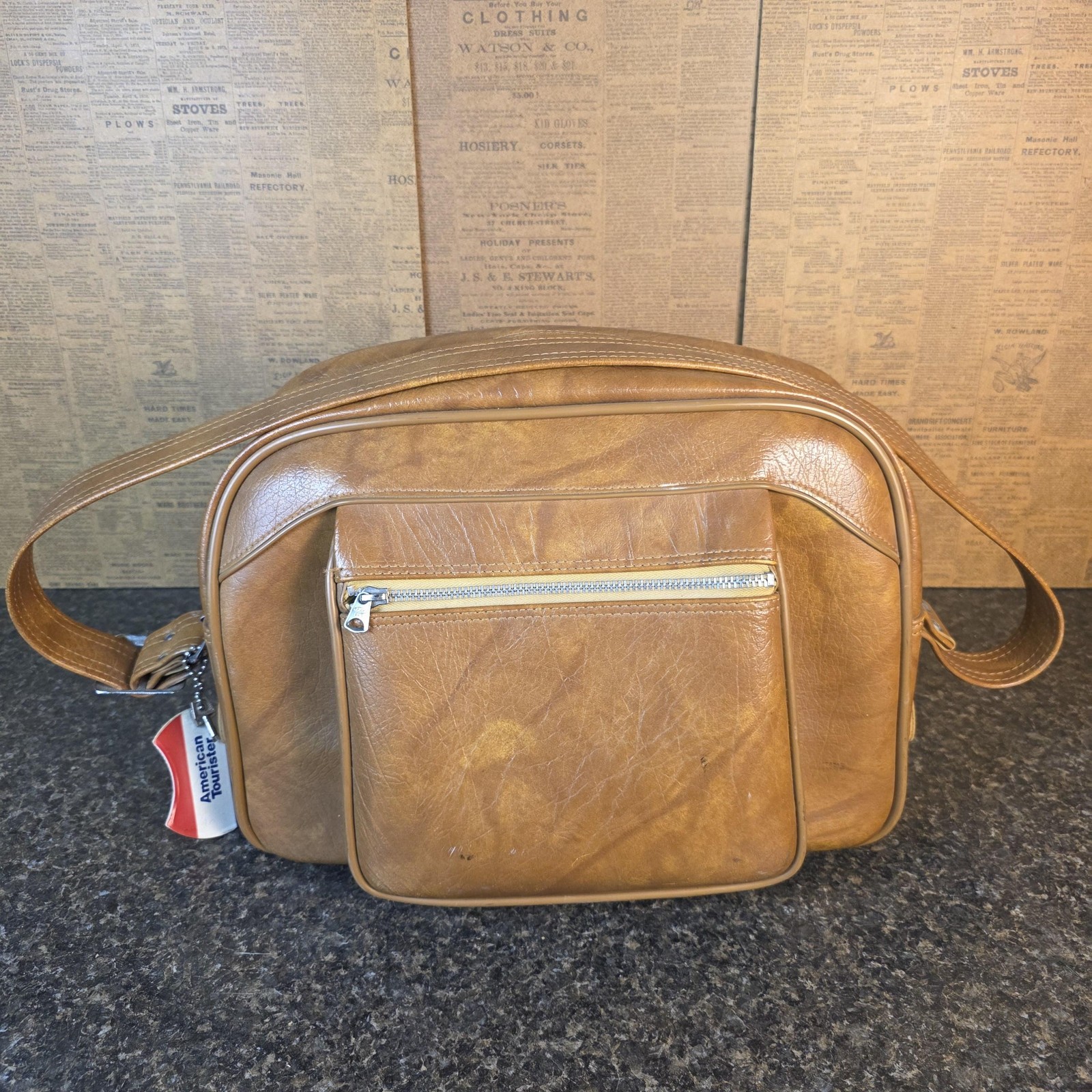 Vintage American Tourister Carry On Shoulder Bag Brown Vinyl Lock Key Made Japan