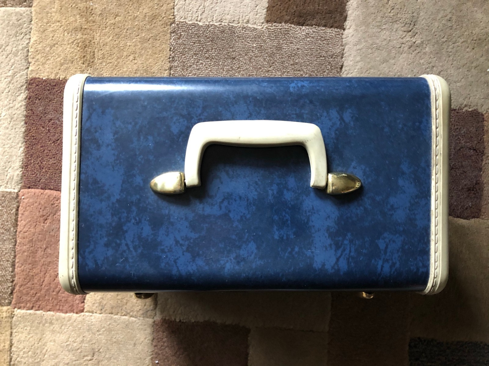 Circa 1940s Set of 2 Samsonite Shwayder Bros Suitcase + Makeup Case Marble Blue