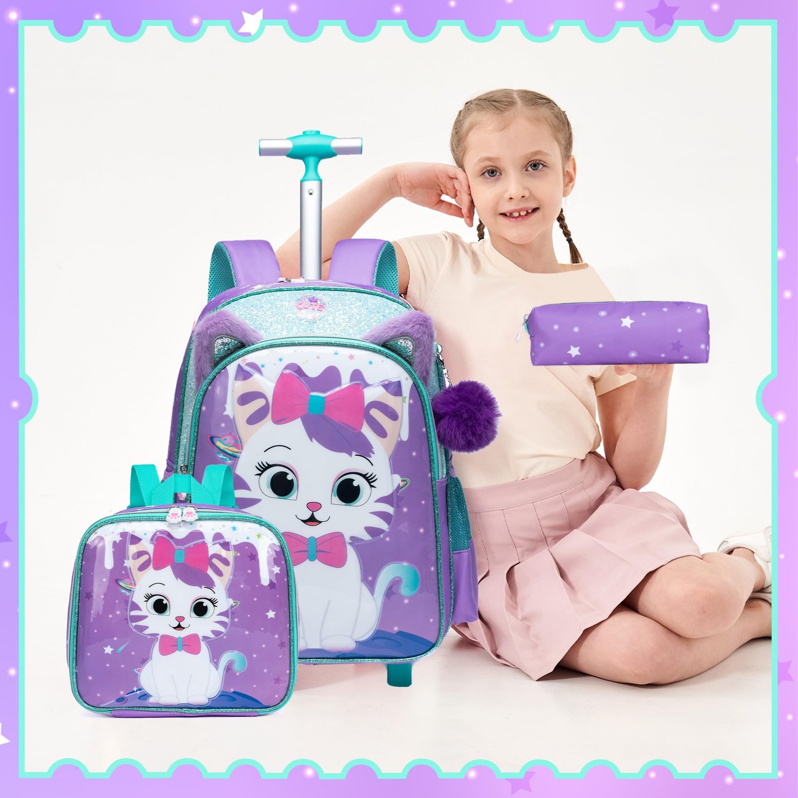 Rolling Backpack for Girls Cute Kids Rolling Backpack with Lunch Bag Kids Bac…