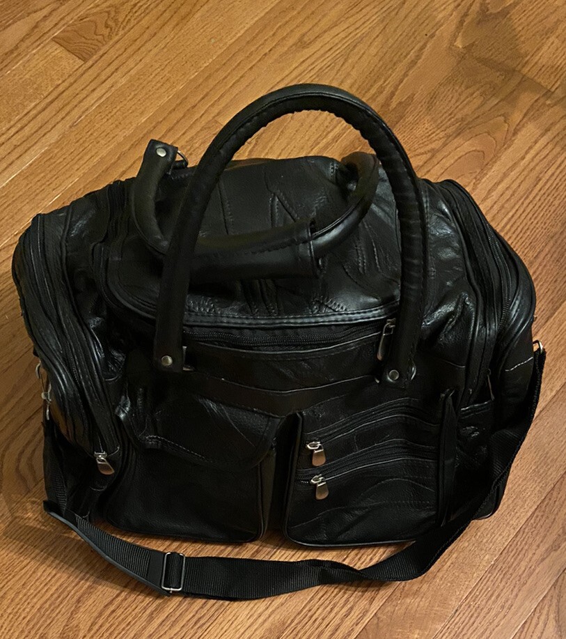 Black Patchwork Leather Carry-All Carry-On Luggage Overnight Tote Bag