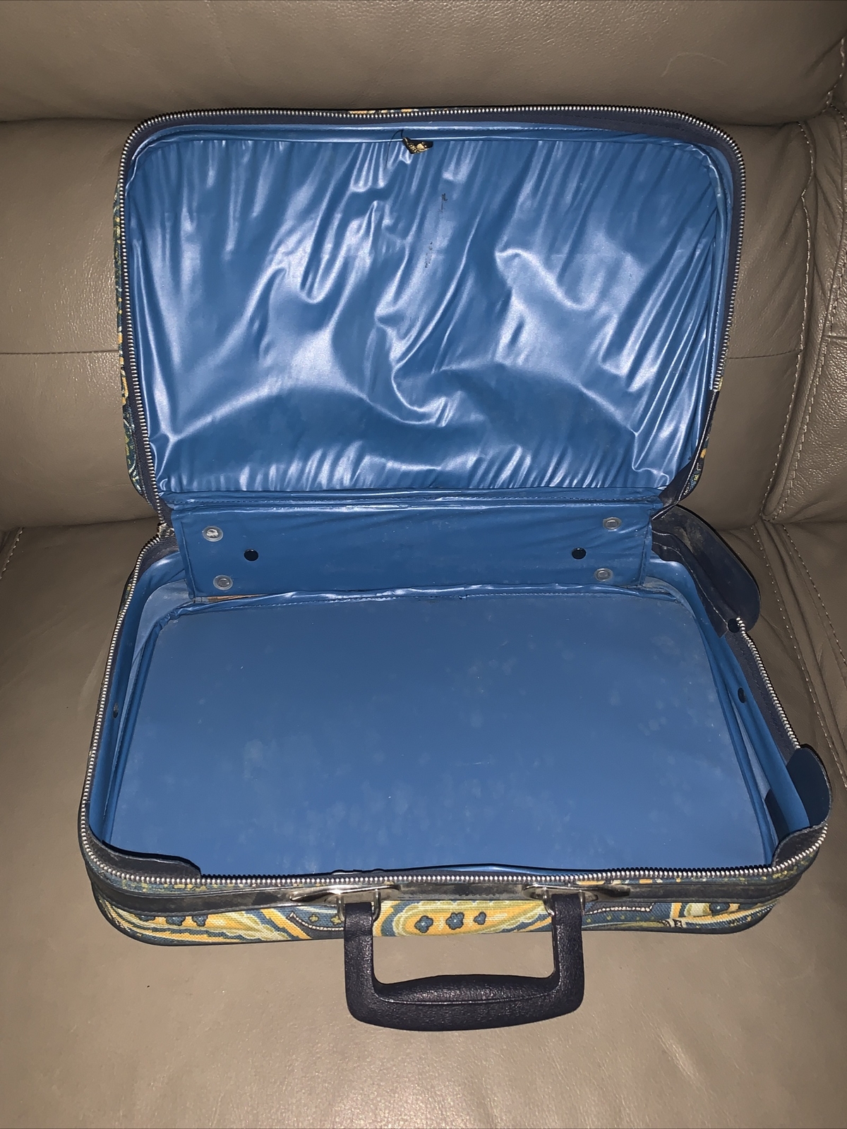 Vintage 1970s Blue & Yellow Starry Nightish Carry-on Suitcase 15x10x4″