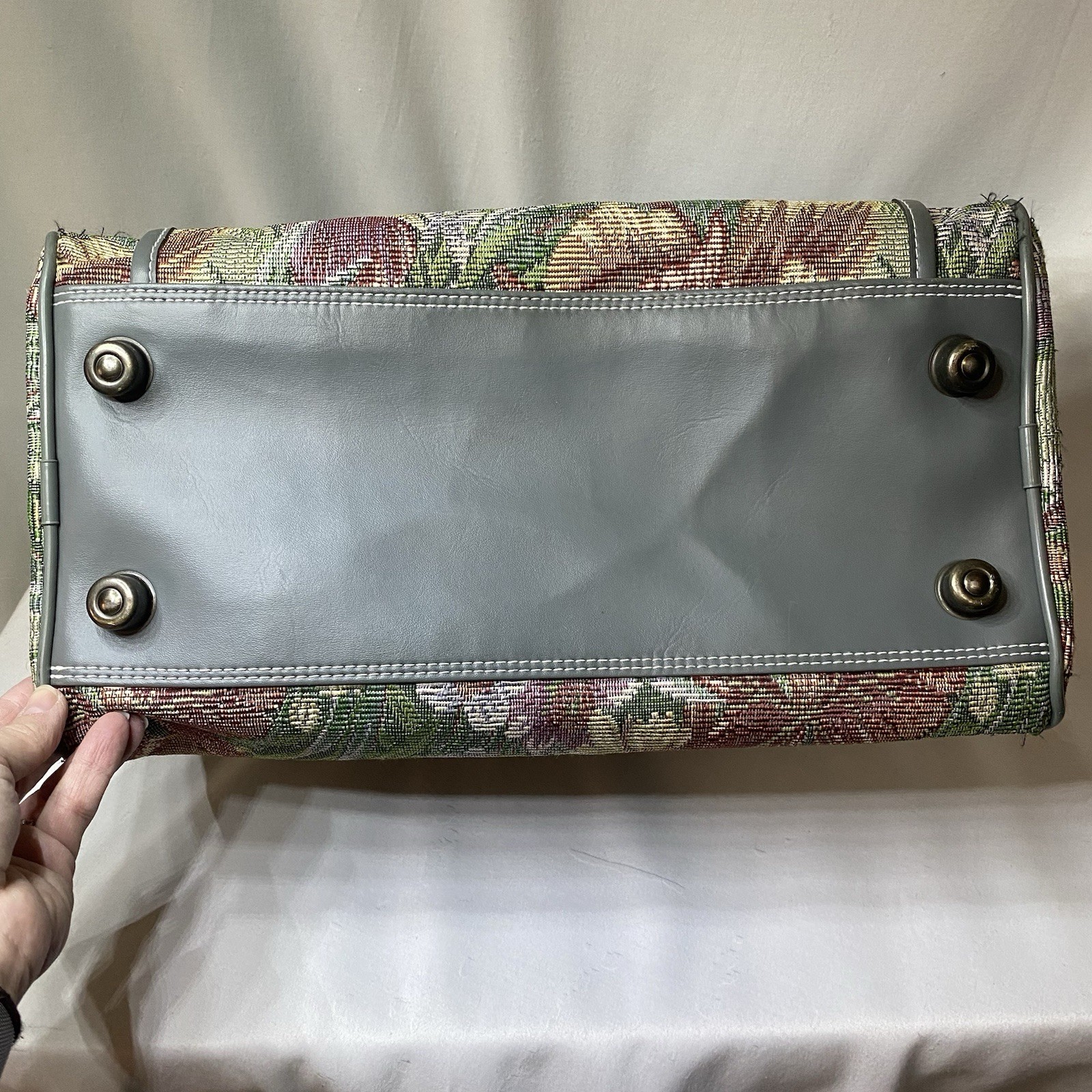 Leisure Tapestry Bag Gray Leather Trim Overnight Tote Carry On Zip Close Vintage