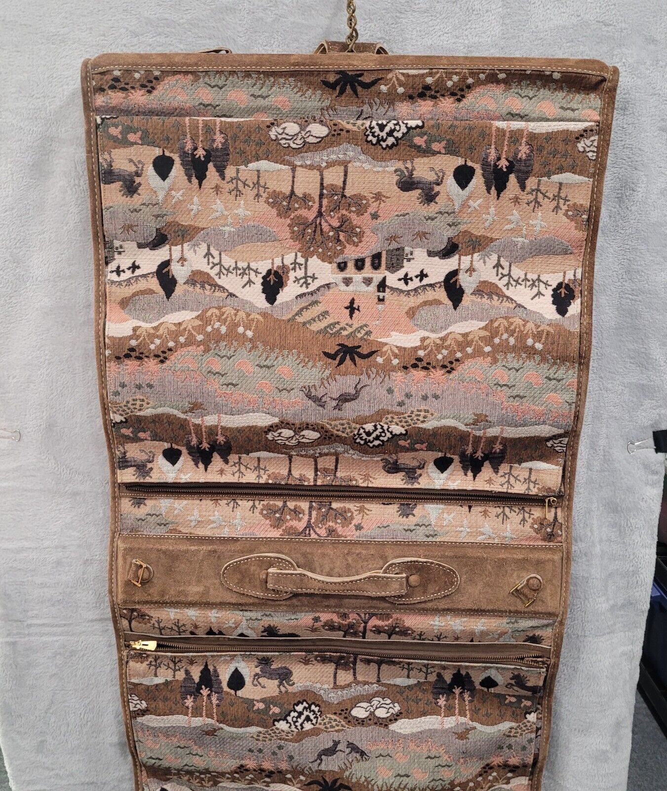 Vintage Garment Bag Embroidered Tapestry Woodsland Animals Scenes