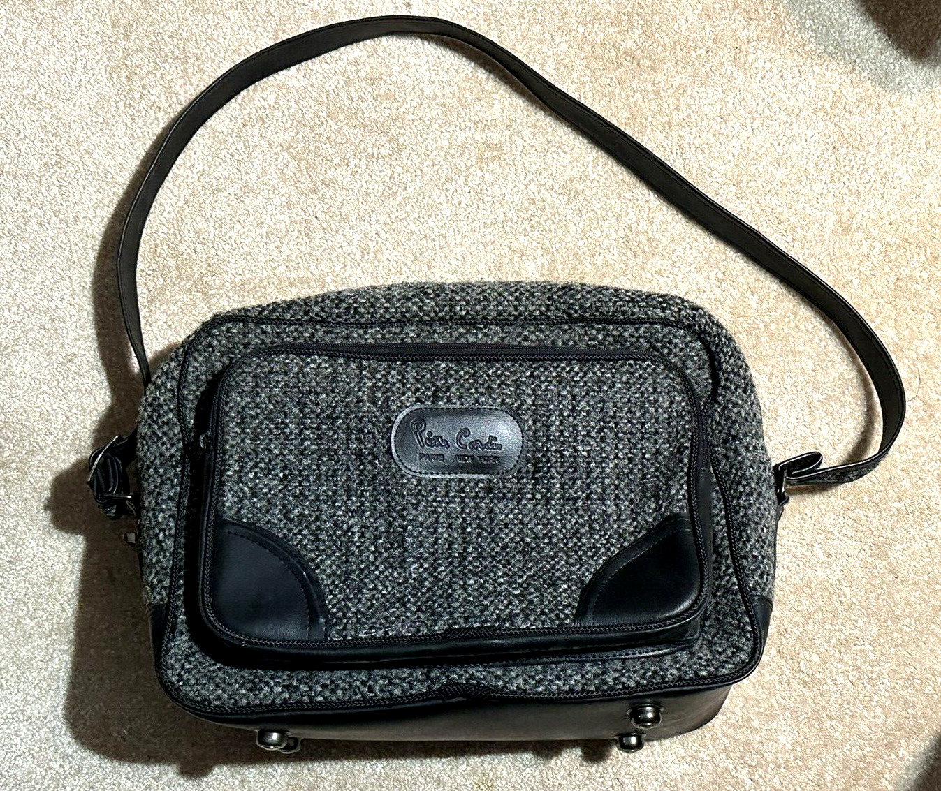 Vintage PIERRE CARDIN Luggage Bag / Sachel w Shoulder Strap Tweed Black / Gray