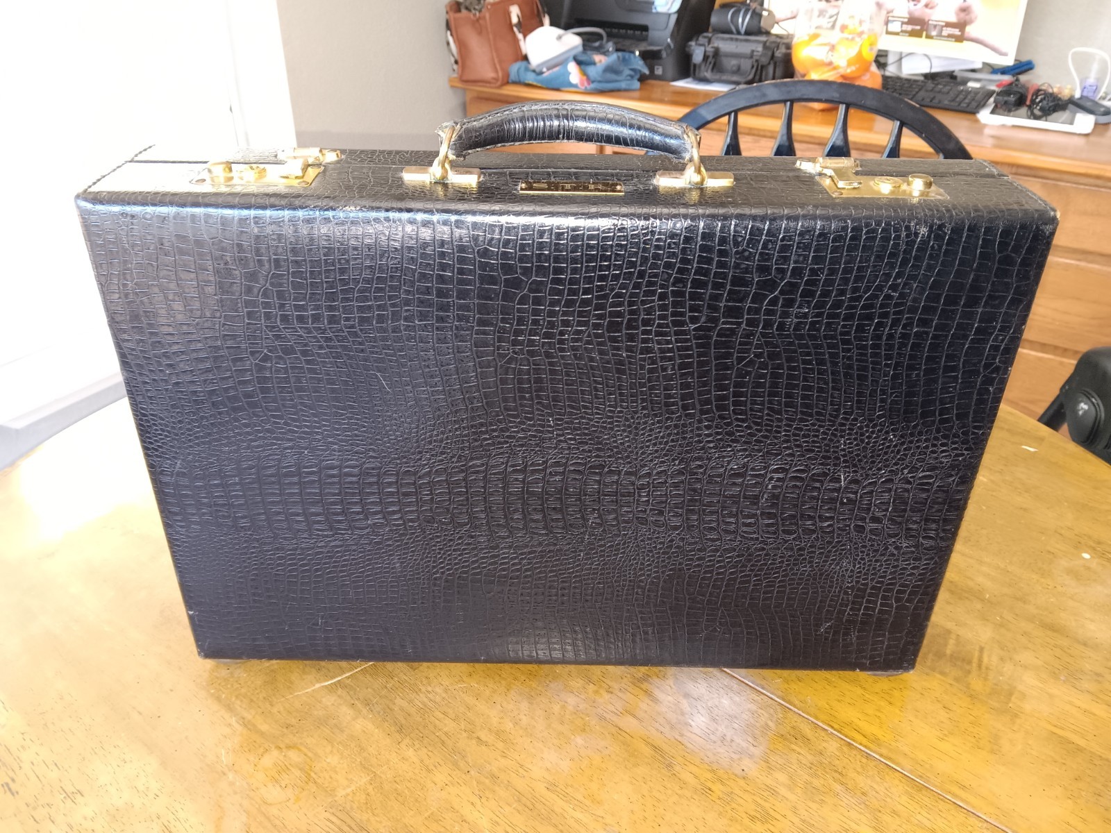 vintage custom black single alligator suitcase with folder and file compartment