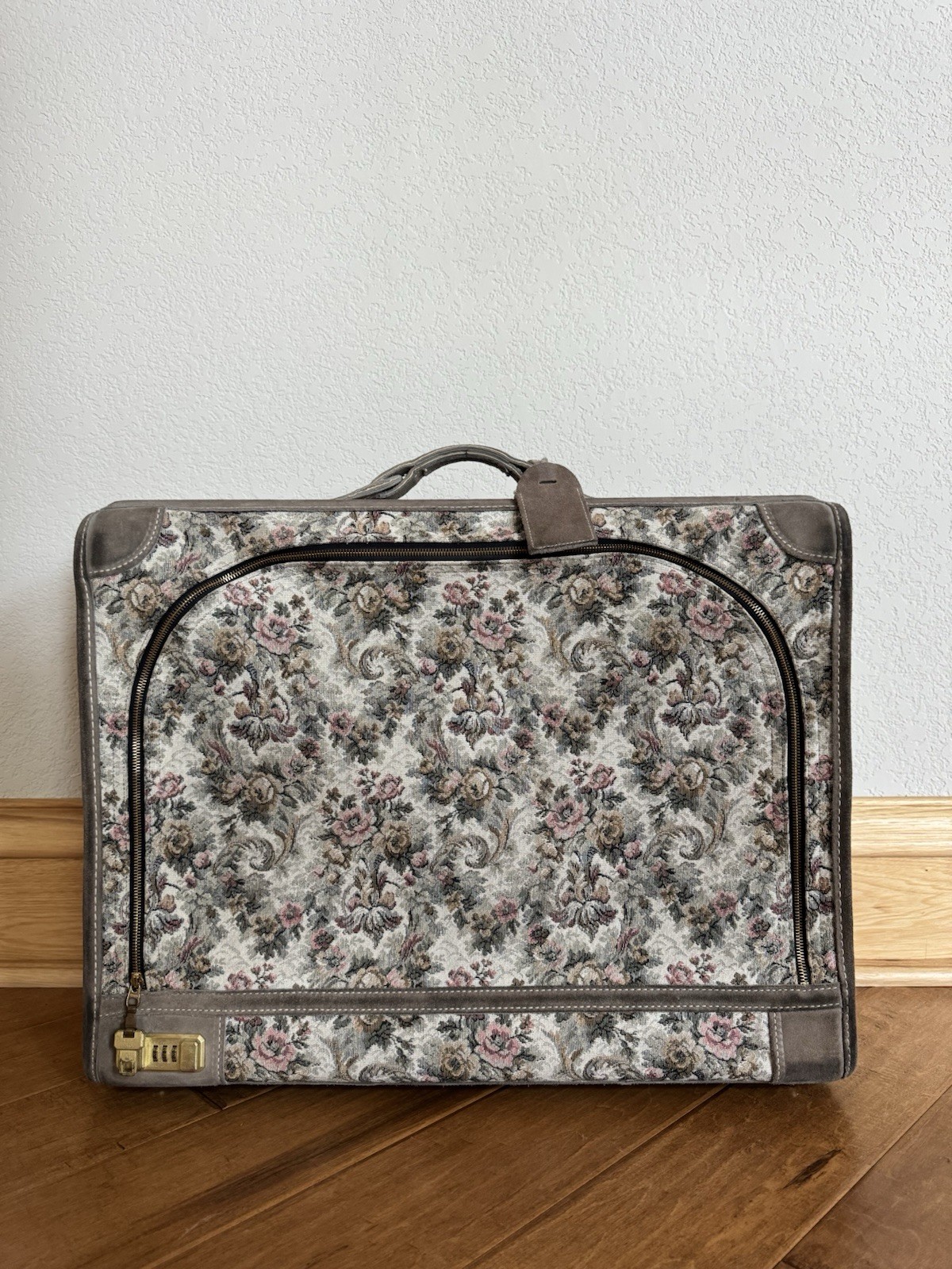 Vintage The French Company Suitcase Grey Rose Floral Carpet Bag Brocade Luggage