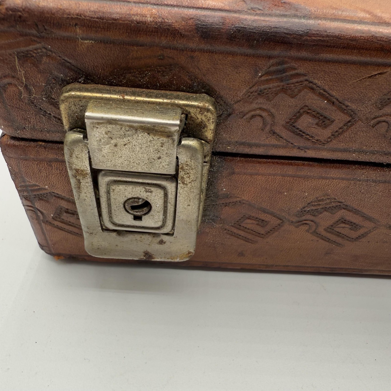 Vintage Tooled Leather Briefcase Aztec Calendar Design Large 18 Inch Suitcase