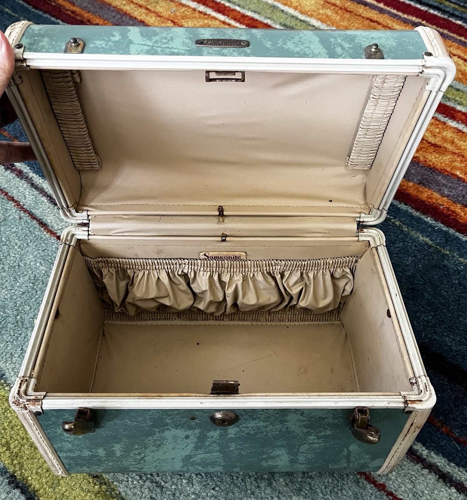 Vtg Samsonite Luggage Cosmetic Train Carry Case #5112 Marbled Green Ivory Trim