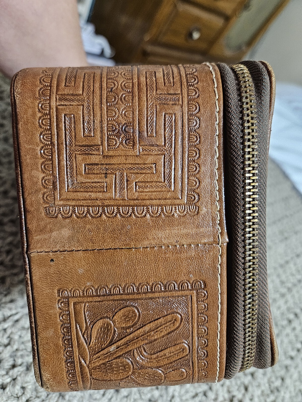 Antique Vintage 1930s Tooled Leather Toiletry Bag Great Condition Tiki Men Box