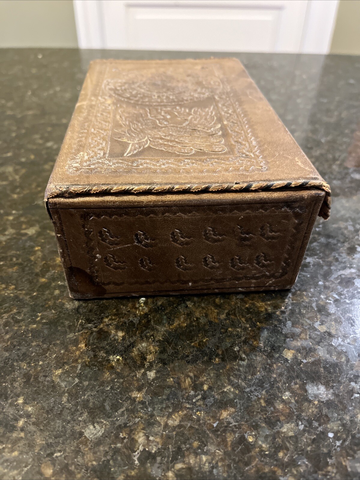 Artmex Vintage Brown Leather Aztec Jewelry Box with snap 8″ long x 5″ wide x 3″