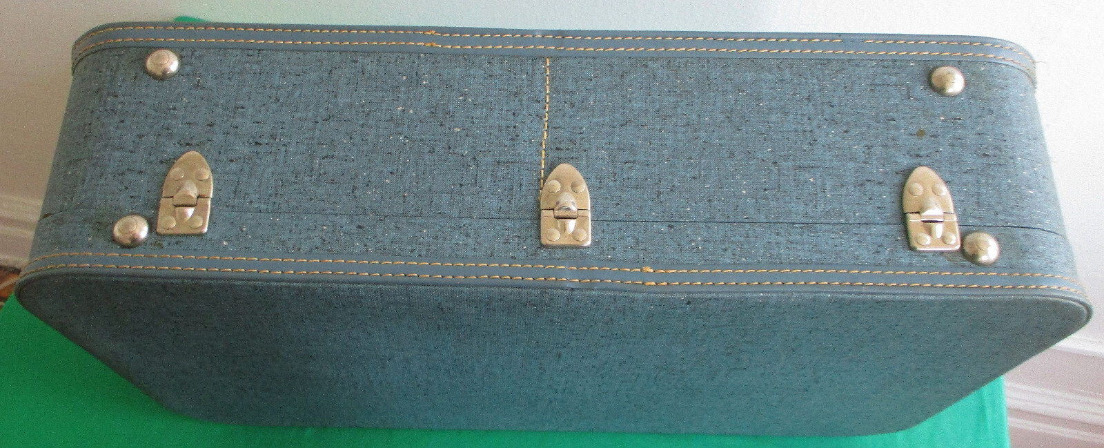 Vintage Travel Joy Suitcase Luggage Blue with Key & Protective Sleeve 23″ X 14″