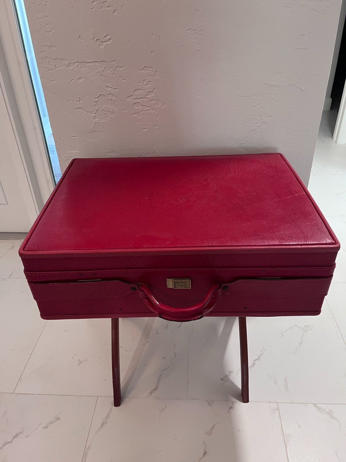 Vintage Hartmann Red Leather Hard Case Suitcase Wood Frame Retro Luggage